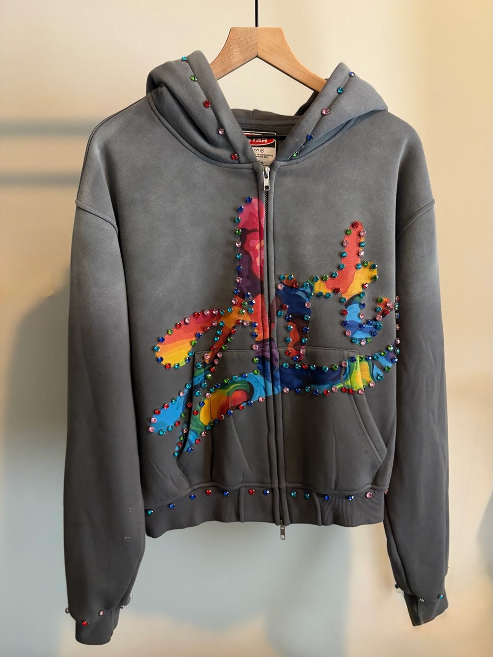 E Star Gray Zip-Up Hoodie with Multicolor Rhinestones